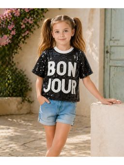 devils n angels - Girls Black Sequin Casual And Party Wear T-shirt