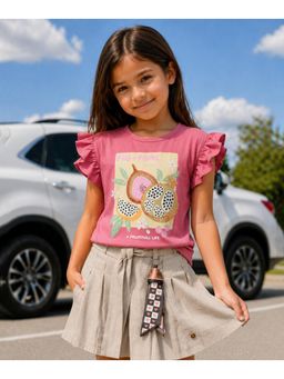 devils n angels - Girls Rose Pink Fruit Print Ruffle Sleeve Casual Top