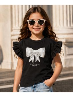 devils n angels - Girls Black Bow Print Party Wear Top
