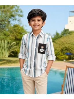 devils n angels - Boys White And Blue Vertical Striped Cotton Shirt