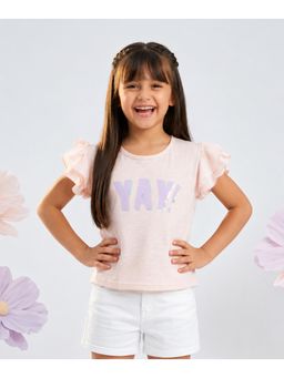 devils n angels - Girls Light Peach Printed Ruffle Sleeve Casual Top