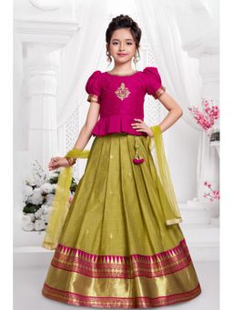 Lagorii - Olive Green And Rani Pink Traditional Pattu Pavadai With Dupatta
