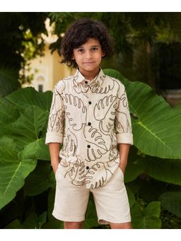 devils n angels - Boys Cream Full Sleeve Shirt With Designer Leaf Embroidery