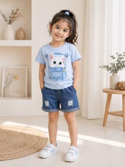 Googo Gaaga - Boys Cotton Graphic Printed T-shirt With Shorts-Blue