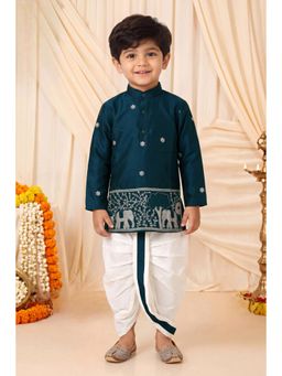 BT DEZINES - Boys Peacock Blue Satin Embroidered Kurta and Dhoti