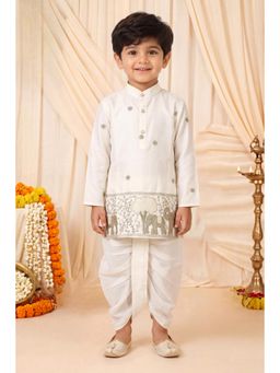 BT DEZINES - Boys Off White Satin Elephant Border Embroidered Kurta and Dhoti