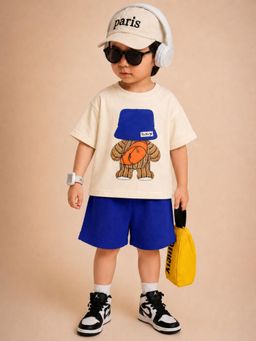 Googo Gaaga - Boys Cotton Graphic Printed T-shirt With Shorts-Beige