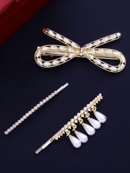 Yellow Chimes - 3 Pcs Stylish Bow Tie Design Pearl Bobby Pin Hair Clips Hair Accessories