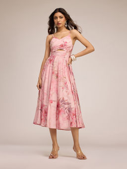 RSVP by Nykaa Fashion - Pink Printed Strappy Twisted Fit & Flare Midi Dress