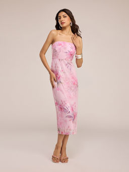 RSVP by Nykaa Fashion - Pink Floral Sequin Embellished Tube Neck Bodycon Midi Dress