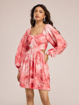 RSVP by Nykaa Fashion - Pink Feather Print Cut Out Waist Smocked Mini Dress