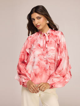 RSVP by Nykaa Fashion - Pink Feather Printed Bow Tie Up Neck Full Sleeves Ruffled Top