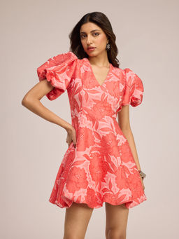 RSVP by Nykaa Fashion - Orange Floral V Neck Balloon Sleeve Skater Jacquard Mini Dress