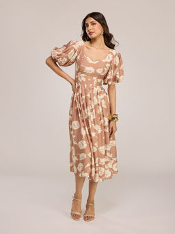 RSVP by Nykaa Fashion - Beige and White Floral Pleated Balloon Sleeves Midi Dress