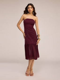 RSVP by Nykaa Fashion - Wine Fit And Flare Ruffled Hem Tube Midi Dress