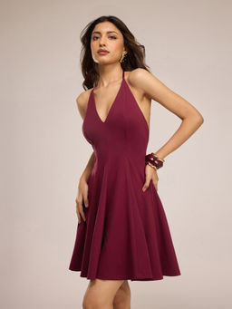 RSVP by Nykaa Fashion - Maroon Halter Neck Panelled Fit and Flare Mini Dress