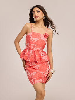 RSVP by Nykaa Fashion - Orange Floral Peplum Top With Mini Skirt Co Ord Set