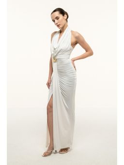 SOTBELLA - WHITE HALTER DRAPED COLUMN DRESS WITH GOLD TRIM