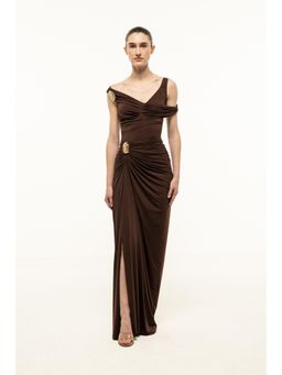 SOTBELLA - BROWN DRAPED MAXI DRESS WITH GOLD TRIM