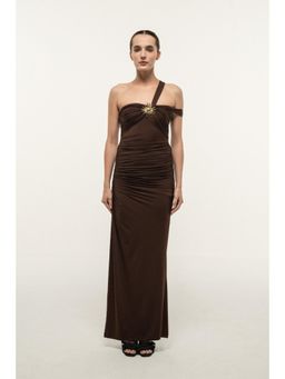 SOTBELLA - BROWN ONE-SHOULDER DRAPED MAXI DRESS WITH GOLD STAR DETAIL