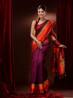 CHARUKRITI - Mulberry Purple Cotton Silk Contrast Borders and Pallu Saree with Unstitched Blouse