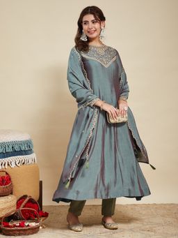 MOKOSH - Olive Green Silk Embroidered Anarkali Kurta with Pant and Dupatta