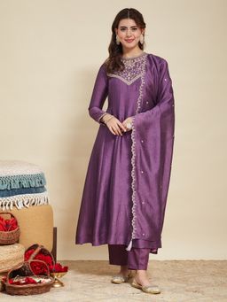MOKOSH - Dark Lavender Silk Embroidered Anarkali Kurta with Pant and Dupatta