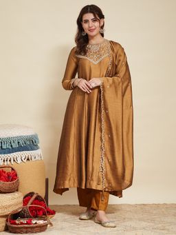 MOKOSH - Gold Silk Embroidered Anarkali Kurta with Pant and Dupatta