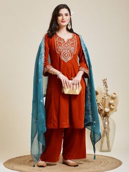 MOKOSH - Orange Velvet Embroidered Orange Anarkali Kurta with Pant and Dupatta