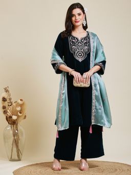 MOKOSH - Teal Velvet Embroidered Teal Blue Anarkali Kurta with Pant and Dupatta