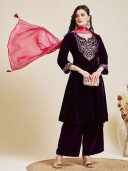 MOKOSH - Purple Velvet Embroidered Purple Anarkali Kurta with Pant and Dupatta