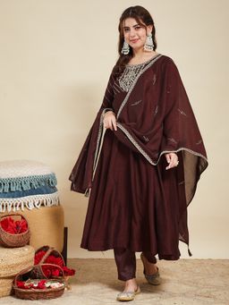 MOKOSH - Brown Coffee Silk Embroidered Anarkali Kurta with Pant and Dupatta