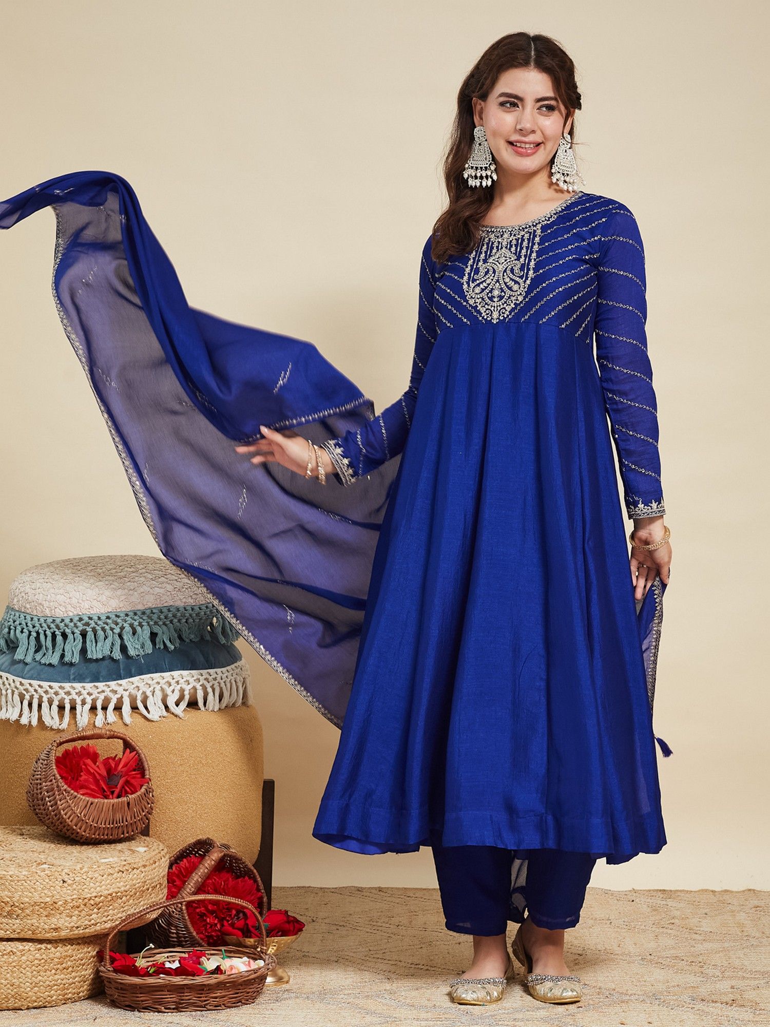 mokosh Women Royal Blue Embroidered Silk Anarkali Kurta with Pant and Dupatta-picture-22