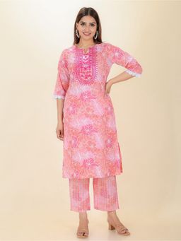 ARAMYA - Women Pink Soft Cotton Straight Embroidered Kurta with Pant
