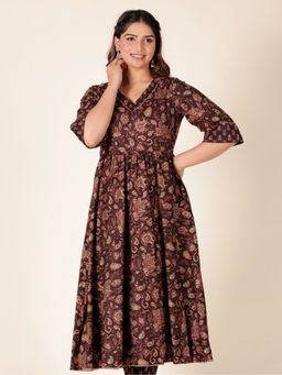 ARAMYA - Women Brown Soft Cotton Flared Gold Foil Print Kurta