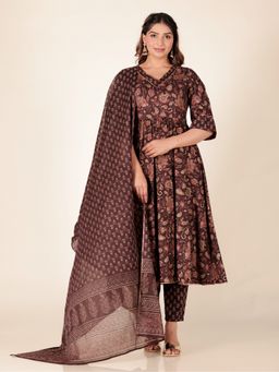 ARAMYA - Women Purple Soft Cotton Flared Gold Foil Print Kurta with Pant and Dupatta