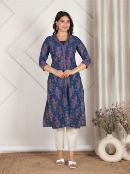 ARAMYA - Women Blue Soft Cotton Floral Print Kurta with Pant
