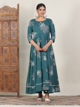 ARAMYA - Women Green Soft Cotton Anarkali Floral Print Kurta with Palazzo