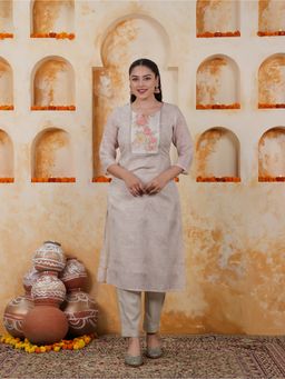 ARAMYA - Women Grey Self Design Chanderi Straight Embroidered Kurta with Pant