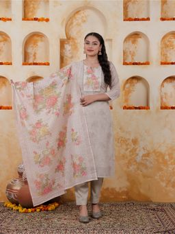 ARAMYA - Women Grey Self Design Chanderi Straight Embroidered Kurta with Pant and Dupatta