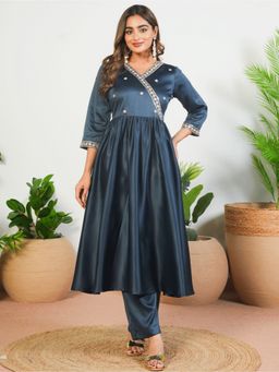 ARAMYA - Women Navy Blue Satin Angrakha Embroidered Kurta with Pant