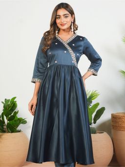 ARAMYA - Women Navy Blue Satin Angrakha Embroidered Kurta
