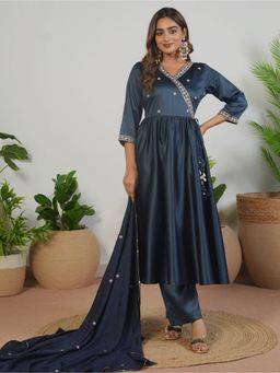 ARAMYA - Women Navy Blue Satin Angrakha Embroidered Kurta with Pant and Dupatta