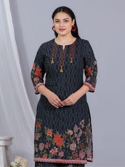 ARAMYA - Women Black Soft Cotton Placement Floral Printed Kurta