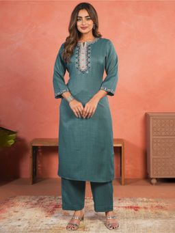 ARAMYA - Women Teal Poly Blend Straight Embroidered Kurta with Pant