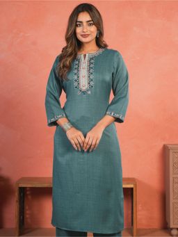 ARAMYA - Women Teal Poly Blend Straight Embroidered Kurta