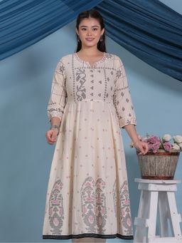 ARAMYA - Women Cream Soft Cotton Anarkali Geometric Print Kurta