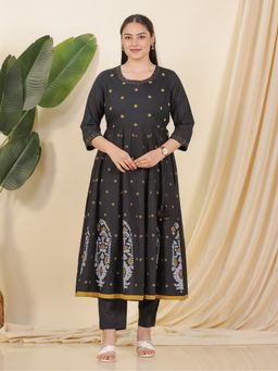 ARAMYA - Women Black Soft Cotton Anarkali Geometric Print Kurta with Pant