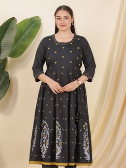 ARAMYA - Women Black Soft Cotton Anarkali Geometric Print Kurta