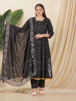 ARAMYA - Women Black Soft Cotton Anarkali Geometric Print Kurta with Pant and Dupatta